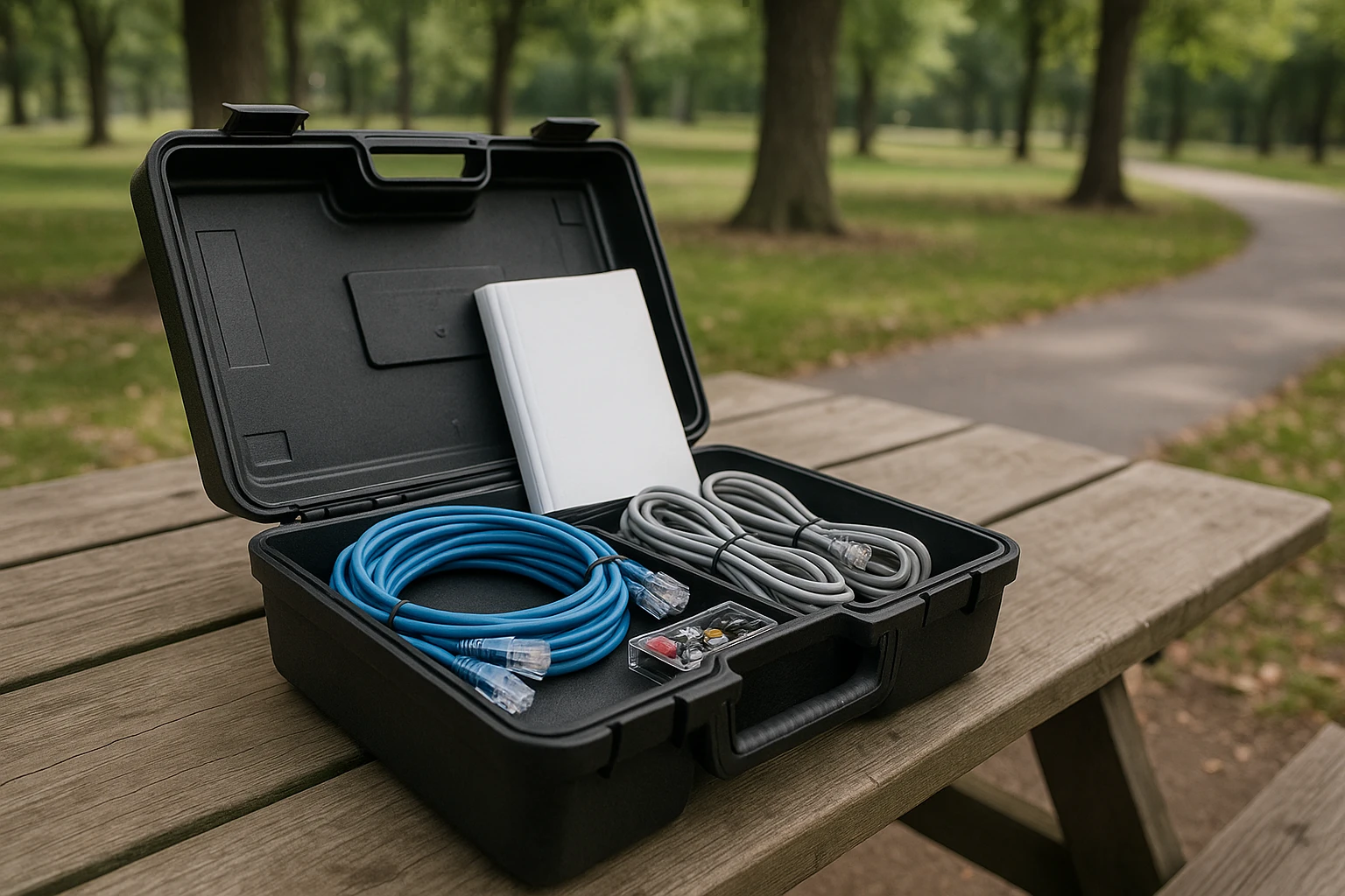 An opened toolbox on a picnic table in a park, filled with networking cables, a user manual for phone systems, and small electronic components, with trees and a jogging path visible in the background.