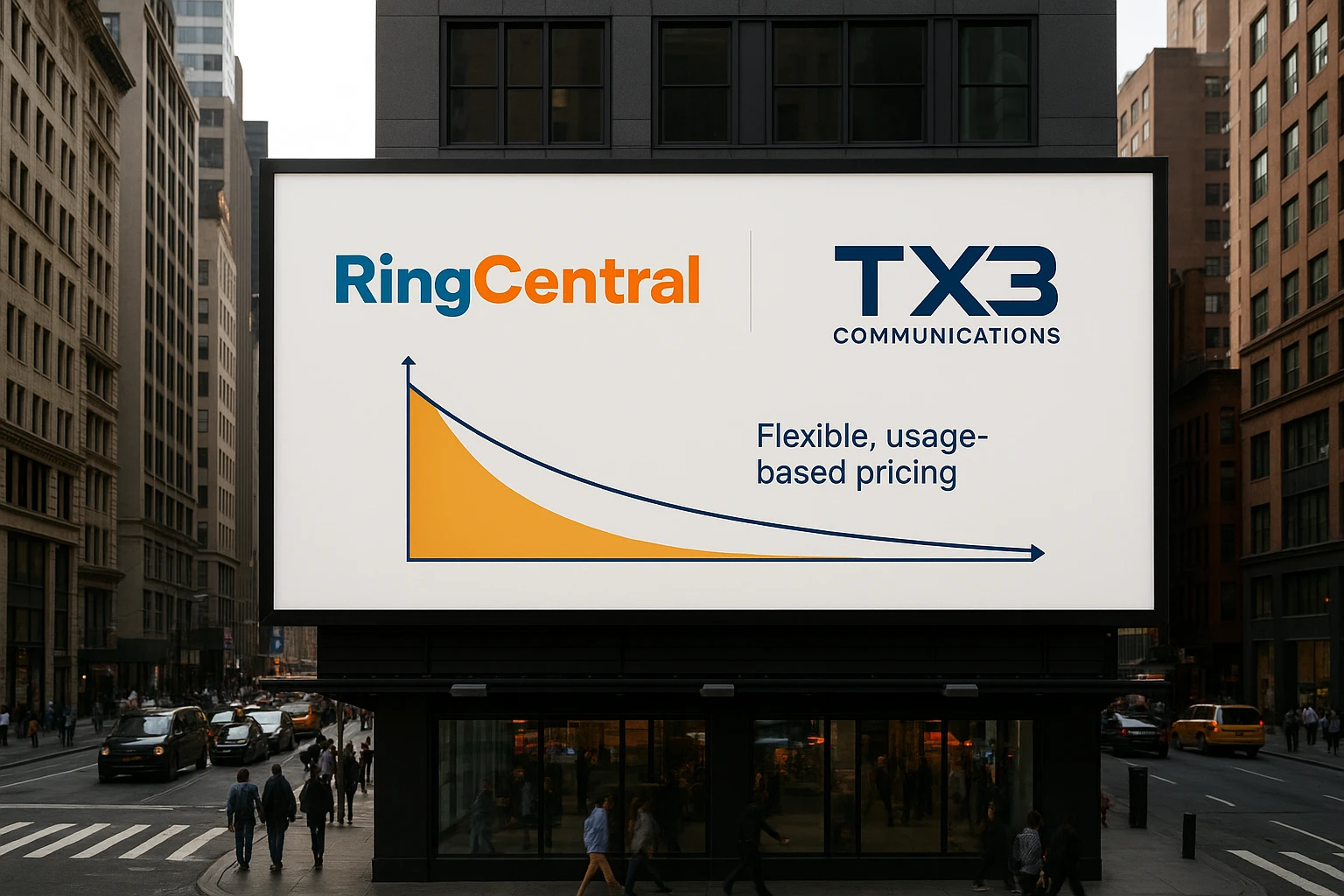 RingCentral vs TX3 Communications: A Comprehensive Pricing Guide 1 A large billboard in a bustling city street displaying the logos of RingCentral and TX3 Communications side by side, emphasizing flexible, usage-based pricing with a graph demonstrating potential savings.