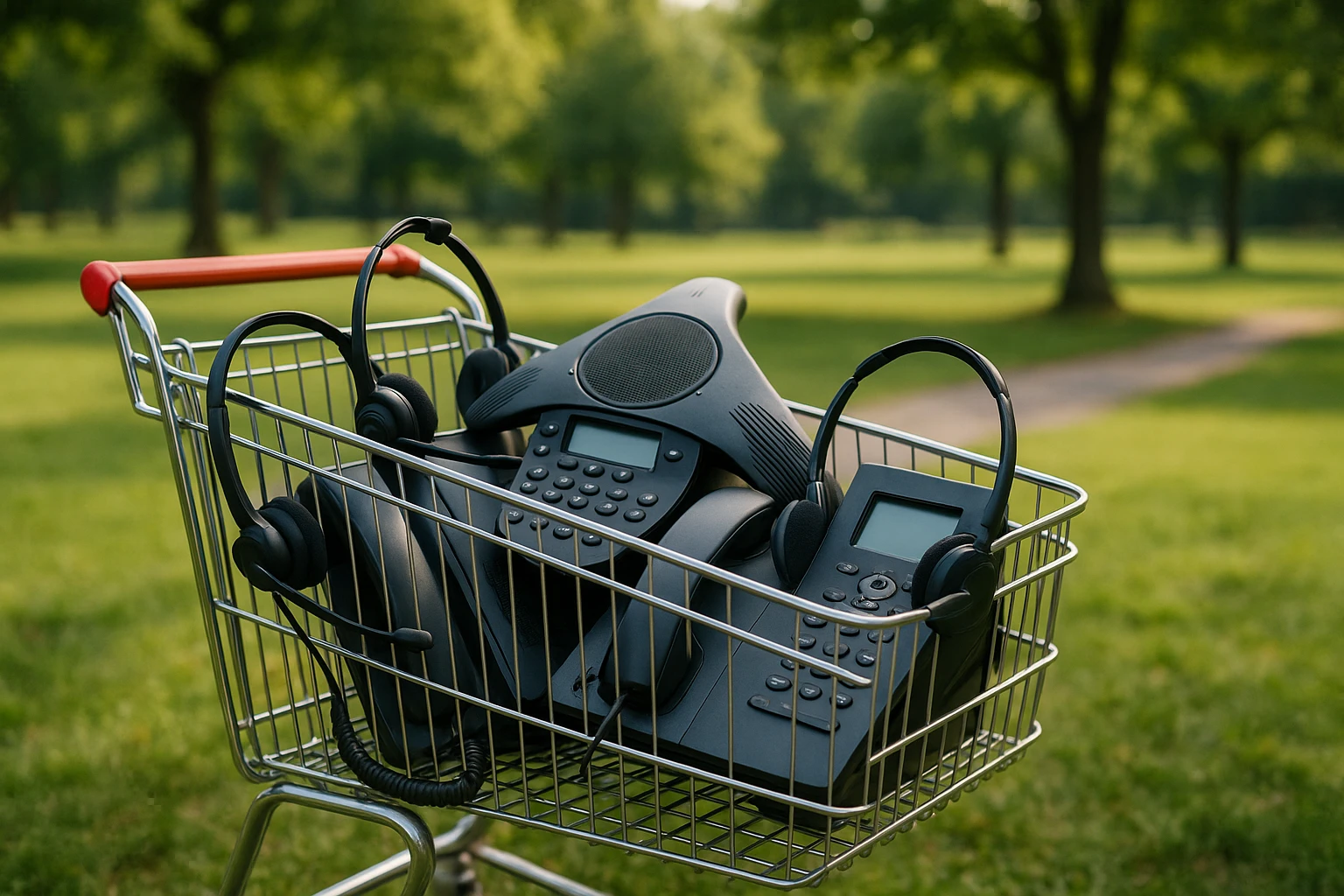 RingCentral vs TX3 Communications: A Comprehensive Pricing Guide 2 A shopping cart filled with telecommunication gadgets and devices, such as headsets and conference phones, placed in an outdoor park setting, symbolizing flexible and cost-effective communication solutions away from traditional office environments.