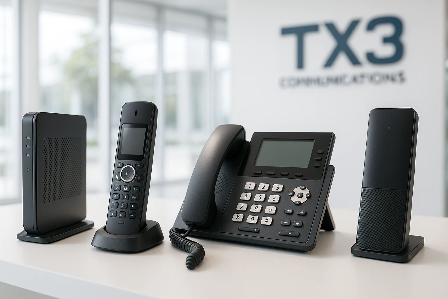 Why TX3’s Hosted PBX Outshines Traditional VoIP Pricing 1 A row of sleek, modern telecommunication devices on display in a bright, open showroom, with a prominent TX3 Communications logo in the background, symbolizing cutting-edge hosted PBX solutions.
