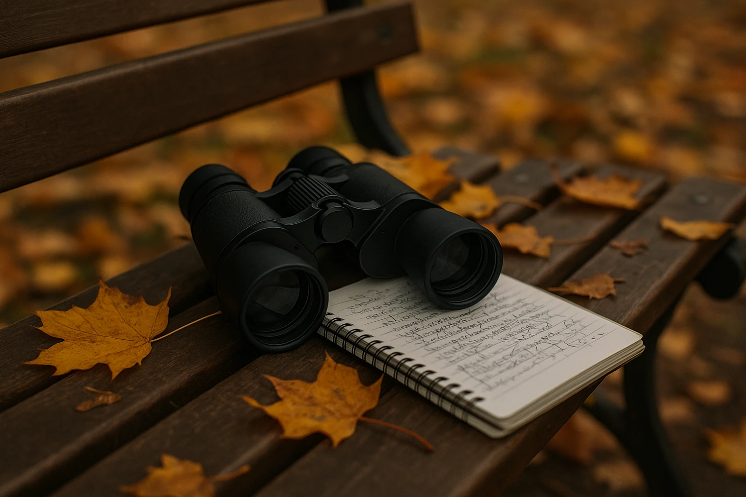 A pair of binoculars resting on a park bench beside a notepad with scribbled observations, surrounded by autumn leaves, suggests discreet surveillance in a public setting.