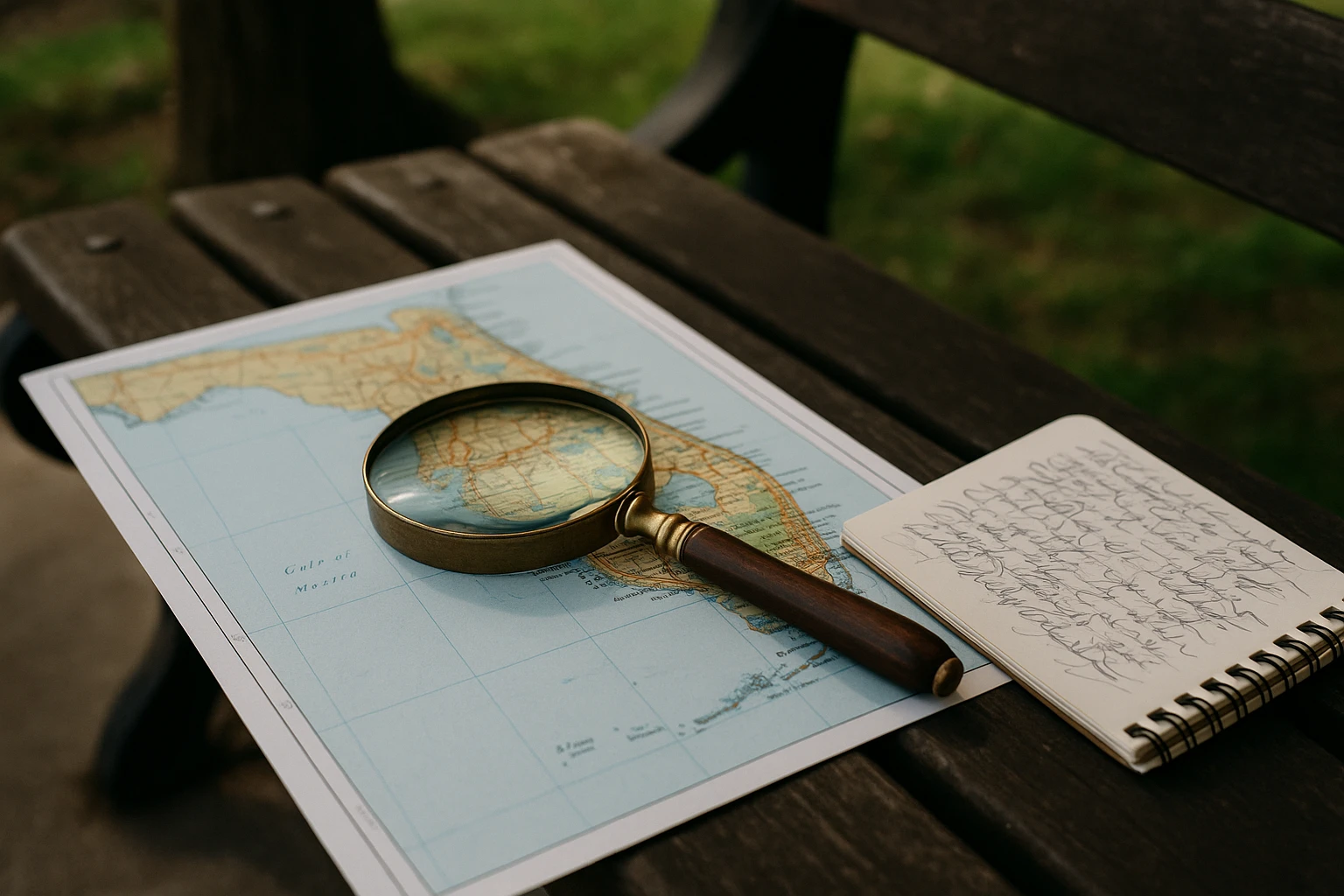 A close-up of a magnifying glass resting on a table next to a Florida state map and a notepad filled with scribbled notes, set outdoors on a park bench.