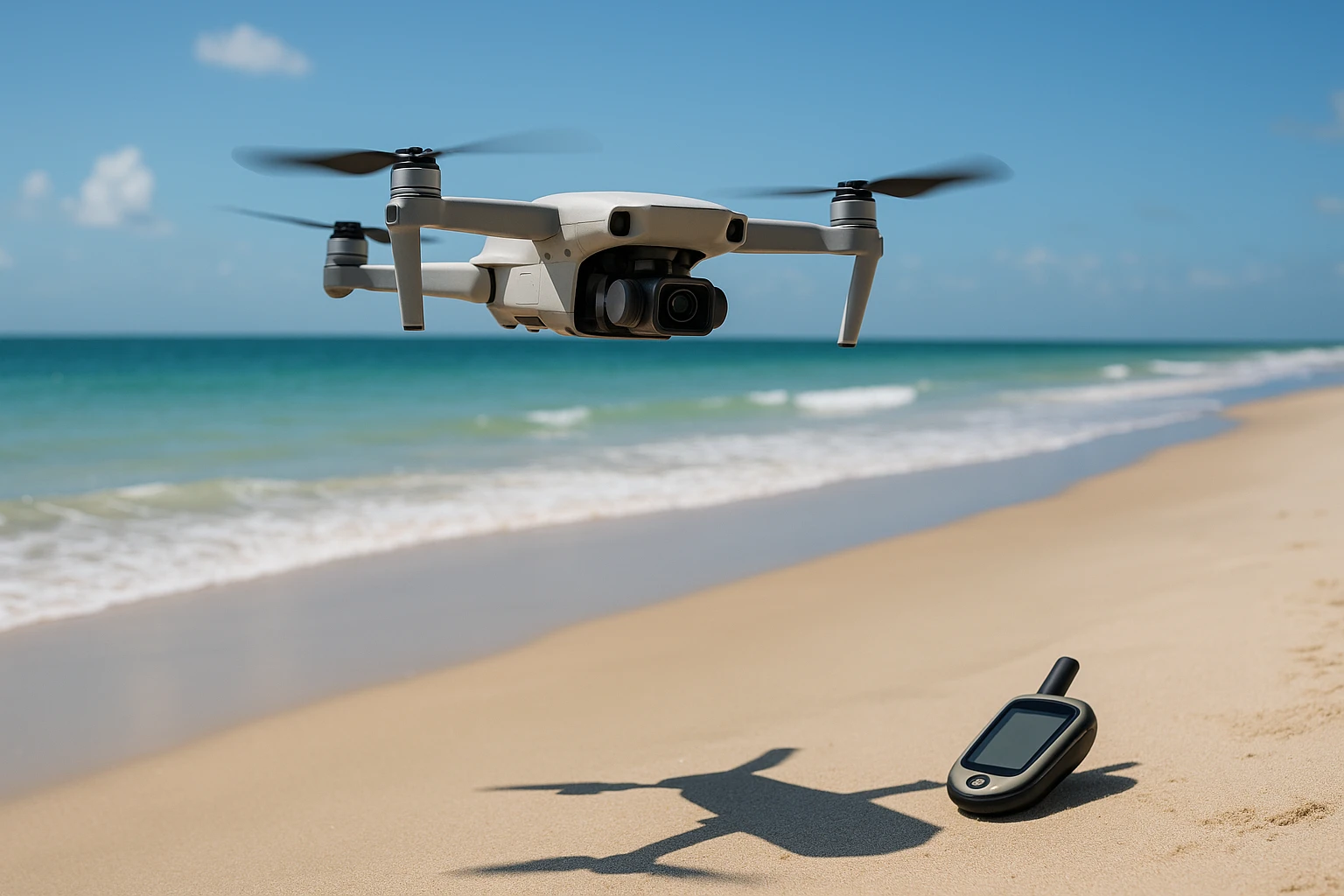 A drone in flight over a Florida beach with a mounted camera, capturing images of the coastline and a small GPS device lying on the sand nearby.