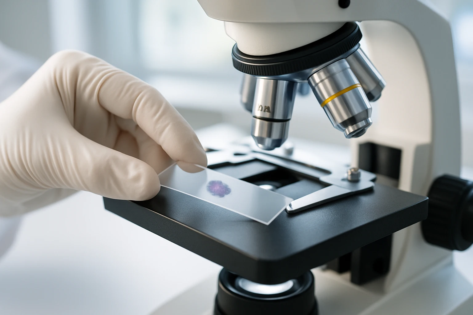 A gynecologist's hand carefully placing a glass slide under a microscope in a brightly lit lab, with a Pap smear sample prepared for examination.