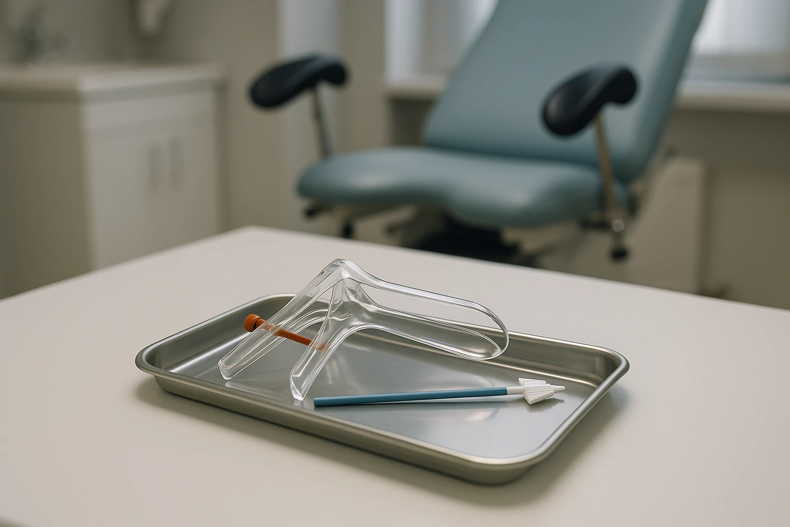 A medical examination room with a close-up of a tray containing a speculum and a brush for collecting cervical cells, set on a clean white surface under soft lighting.