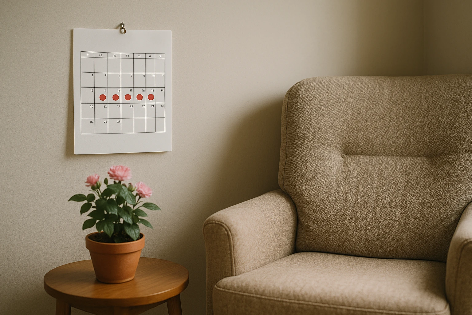A calendar with marked menstrual cycle dates hangs on a wall beside a cozy armchair, with a blooming potted plant on a nearby wooden table, symbolizing the natural cycle and attention to health.
