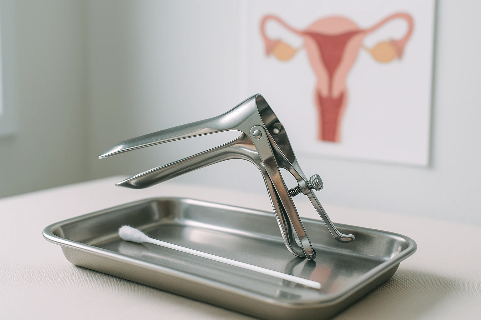 A close-up image of a speculum and a cotton swab on a sterile tray in a brightly lit medical clinic, symbolizing the tools used for a Pap smear, contrasted with a pelvic exam diagram on a wall chart nearby.