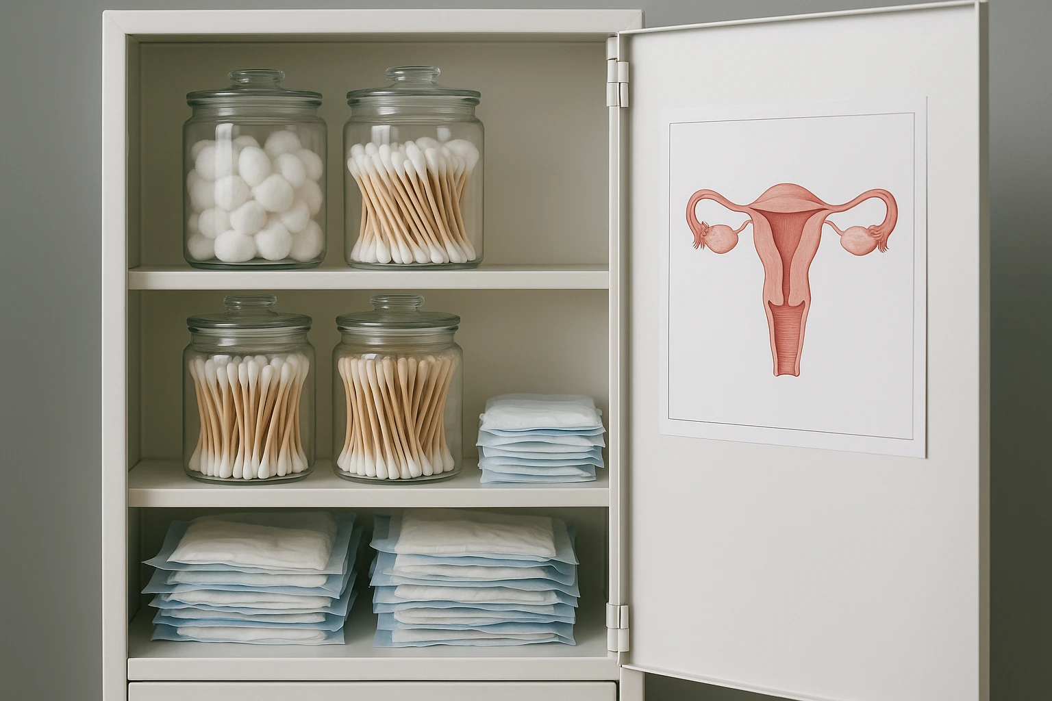 A clean, organized medical supply cabinet displaying labeled shelves with jars of cotton swabs, a collection of sealed sterile gloves, and a diagram of the female reproductive system on the inside of the cabinet door, highlighting the focus on medical tools and education.