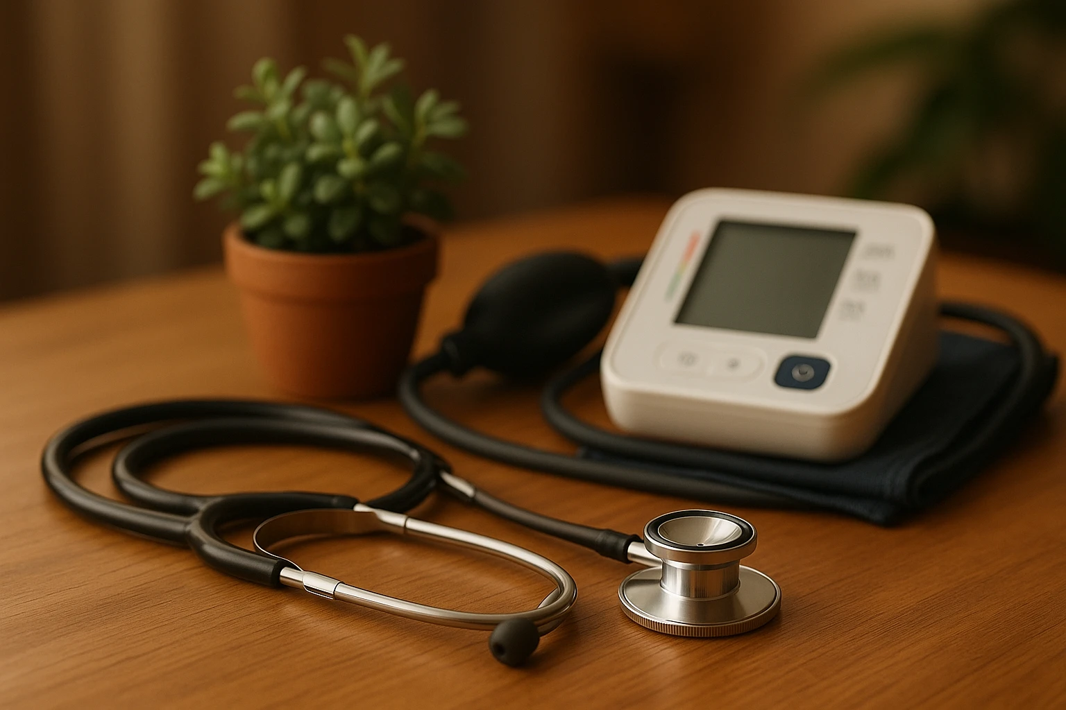 A doctor’s stethoscope resting on a wooden table beside a blood pressure monitor and a small potted plant, symbolizing health awareness and preventive care in a warm, inviting setting.