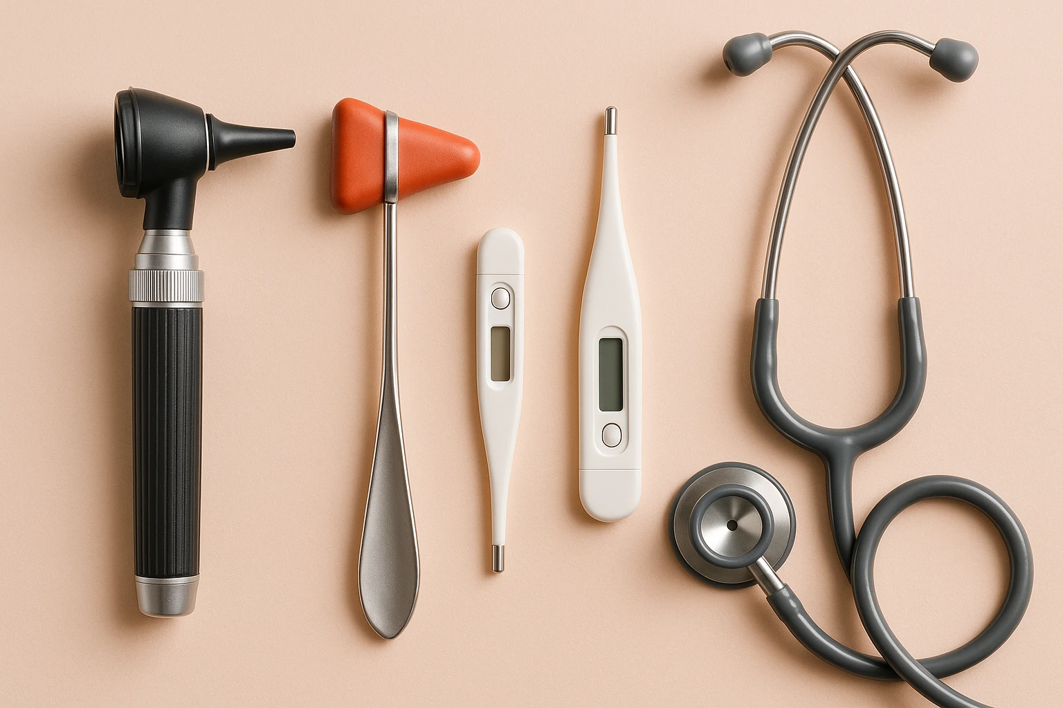 An array of medical tools including an otoscope, reflex hammer, and a thermometer laid out neatly on a pastel-colored surface, representing comprehensive health check-ups and preventive care essentials.