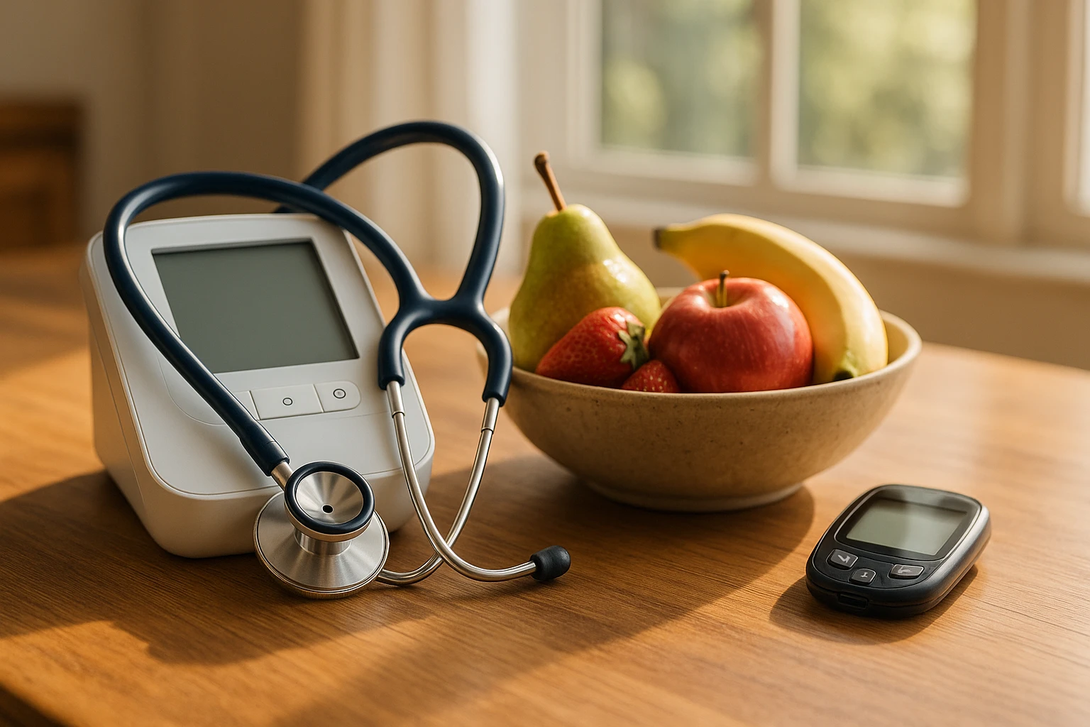 A stethoscope draped over a digital blood pressure monitor, next to a bowl of fresh fruits and a glucometer, all arranged on a wooden kitchen table with a sunlit window in the background.