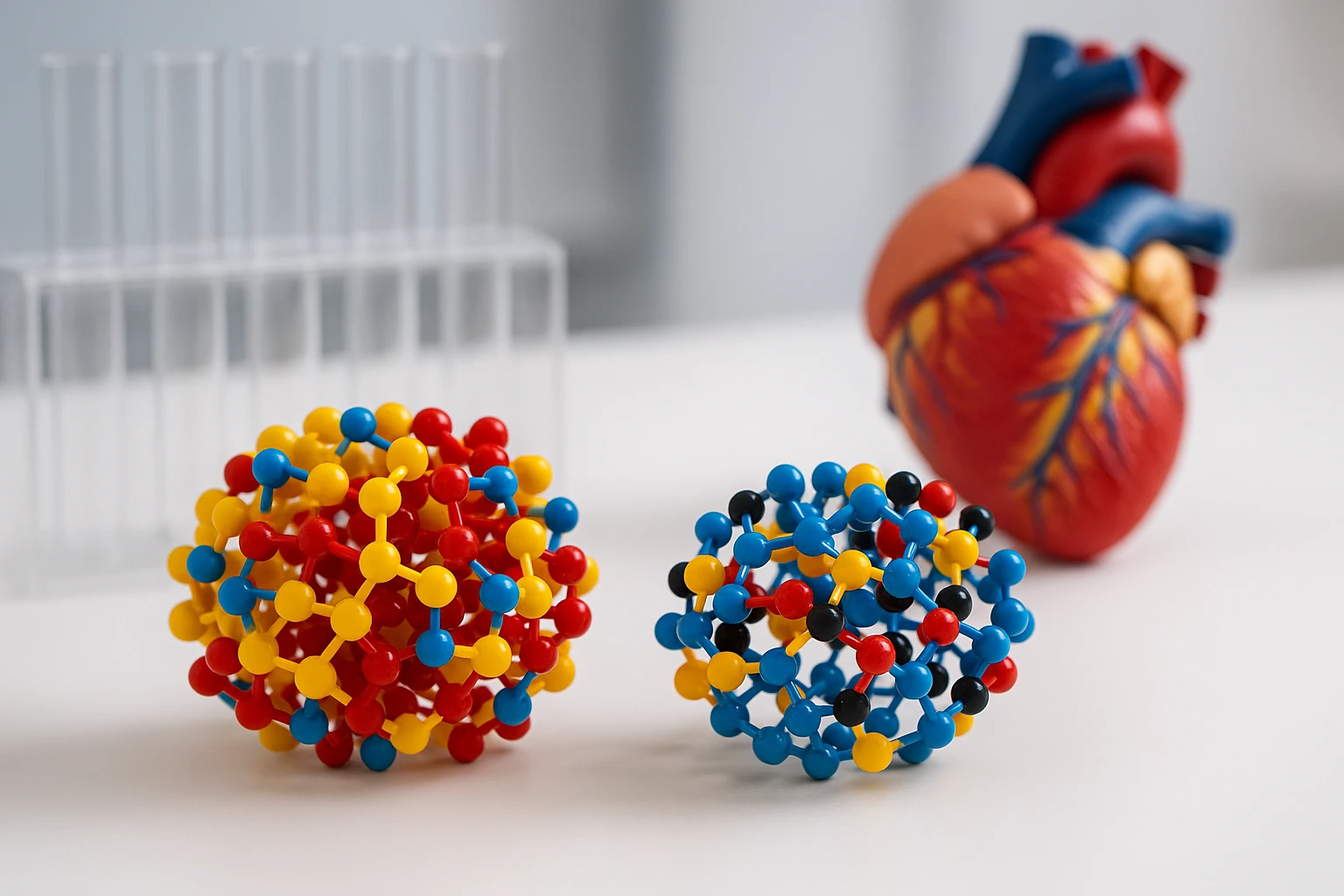 A set of colorful plastic models of LDL and HDL cholesterol molecules displayed on a white laboratory table, with glass test tubes and a heart model in the background.
