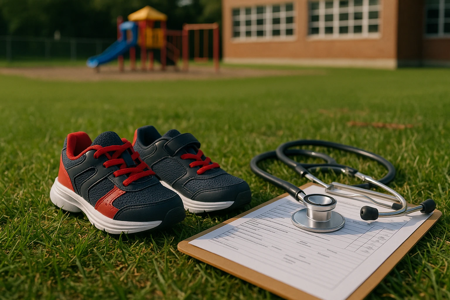 Children's sneakers on a grassy field next to a stethoscope and a clipboard with a completed physical examination form, set against the backdrop of a school playground.