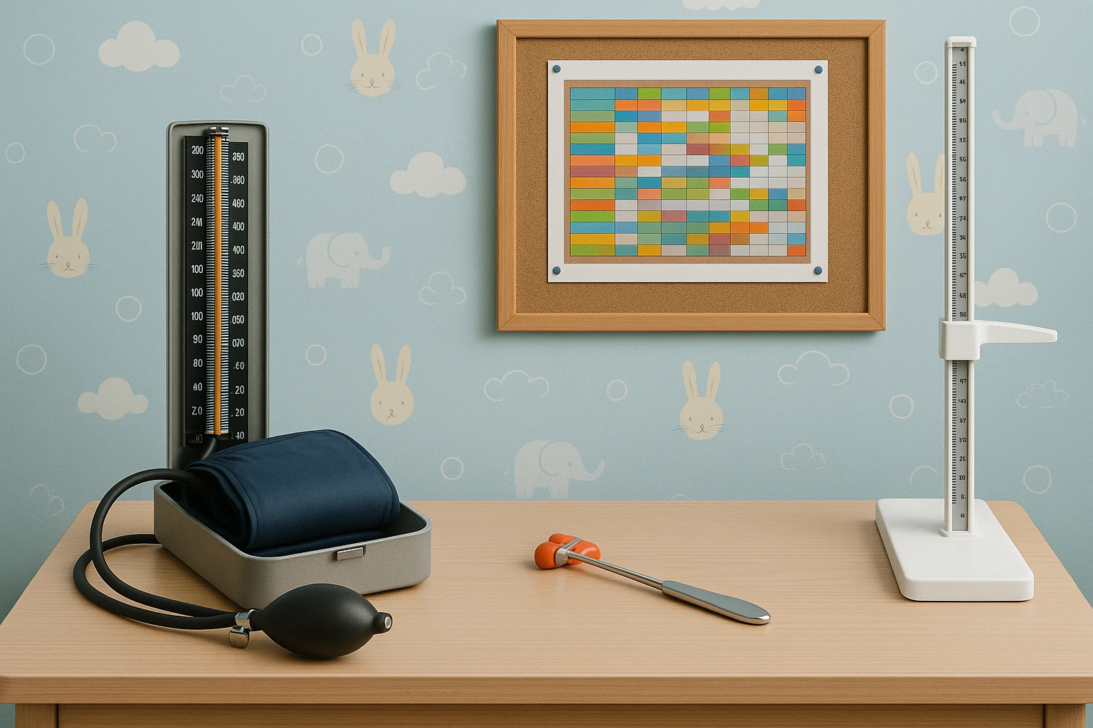 A doctor’s office table with a blood pressure cuff, a reflex hammer, a height-measuring scale, and a colorful immunization chart pinned to a corkboard, all against a light blue wall decorated with child-friendly patterns.