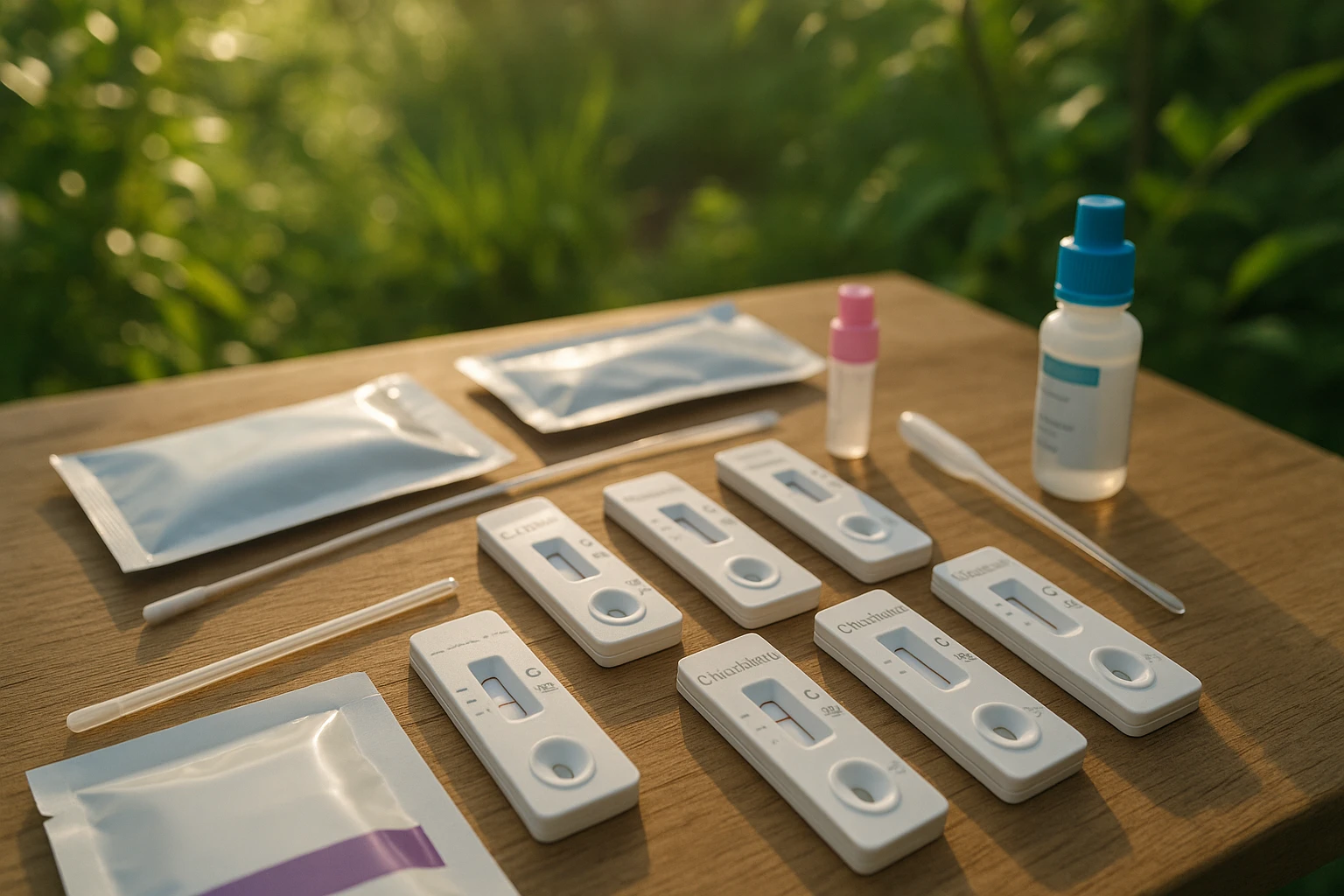 A close-up of various STI testing kits spread across a wooden table outdoors, surrounded by green plants and morning sunlight filtering through.