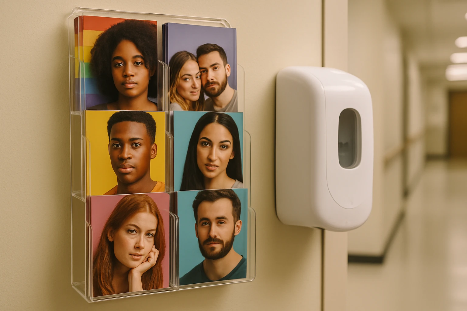 A close-up of a pamphlet rack in a clinic hallway, filled with colorful brochures about sexual health and STI testing next to a sanitized hand dispenser.
