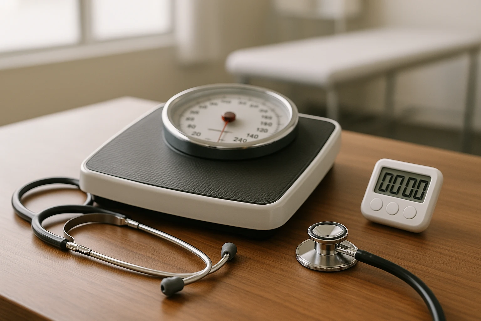 A collection of medical equipment including a stethoscope, a scale, and a digital timer set on a wooden table in a well-lit examination room, highlighting the concept of medical evaluation for weight management and metabolism analysis.