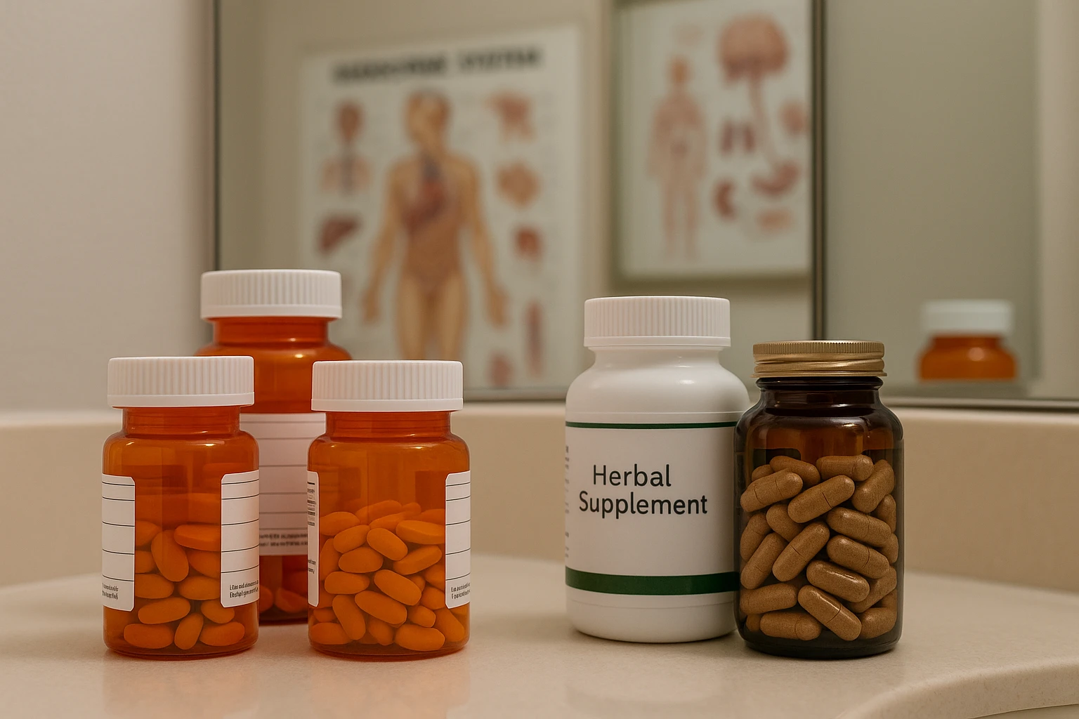 A close-up of a variety of prescription medication bottles and natural supplements on a bathroom countertop, with a reflection in the mirror showing a partially visible endocrine system chart on the wall.