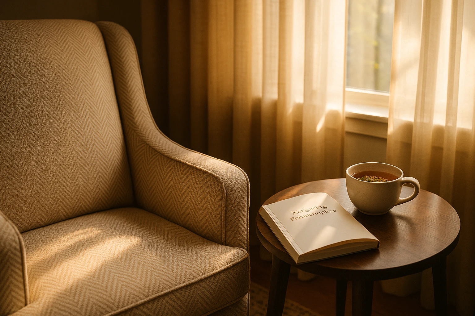 A cozy living room scene with a soft, patterned armchair beside a window; a table nearby holds an open book titled