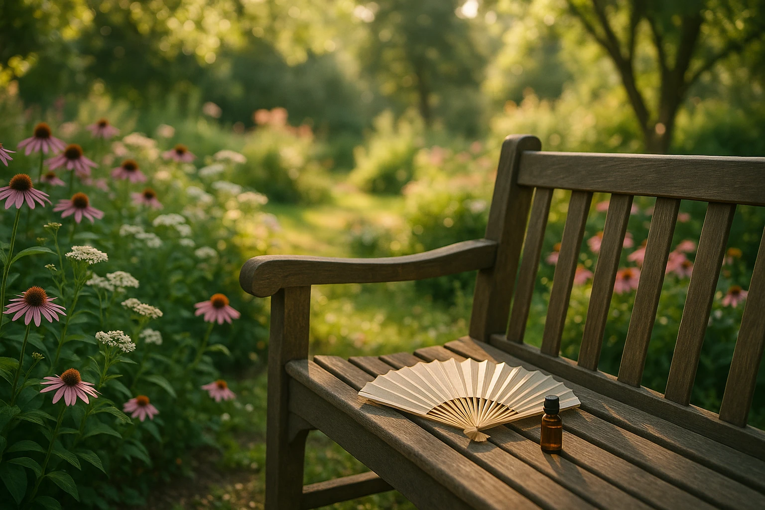 A serene garden with blooming flowers and a wooden bench, where a forgotten hand-held paper fan and a small bottle of essential oils rest, surrounded by soft sunlight filtering through the trees, symbolizing natural ways to manage symptoms.