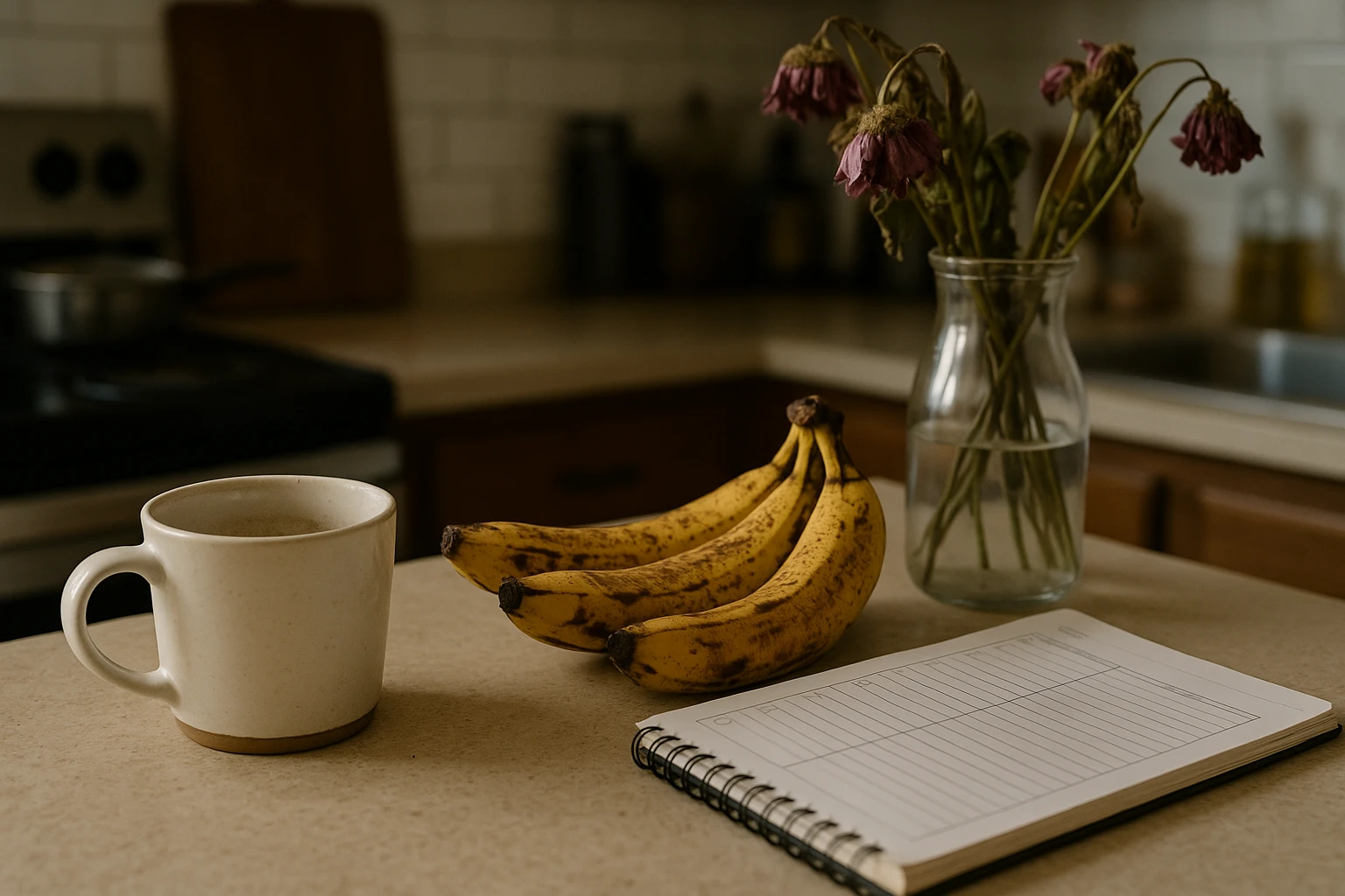 A cluttered kitchen countertop with a half-empty coffee mug, overripe bananas, a daily planner with unchecked boxes, and wilted flowers in a vase, suggesting a struggle to maintain routine and balance.