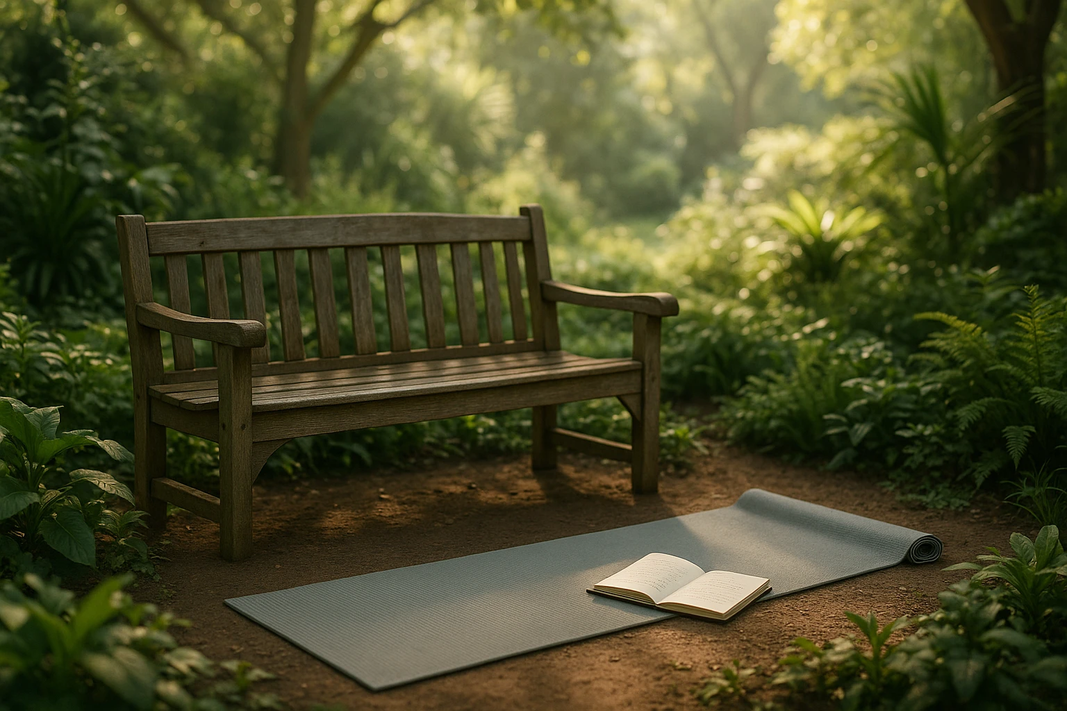 A serene garden with a weathered wooden bench, a yoga mat rolled out nearby, and an open journal with notes about rejuvenating practices, surrounded by lush green plants and the soft glow of morning sunlight filtering through trees.