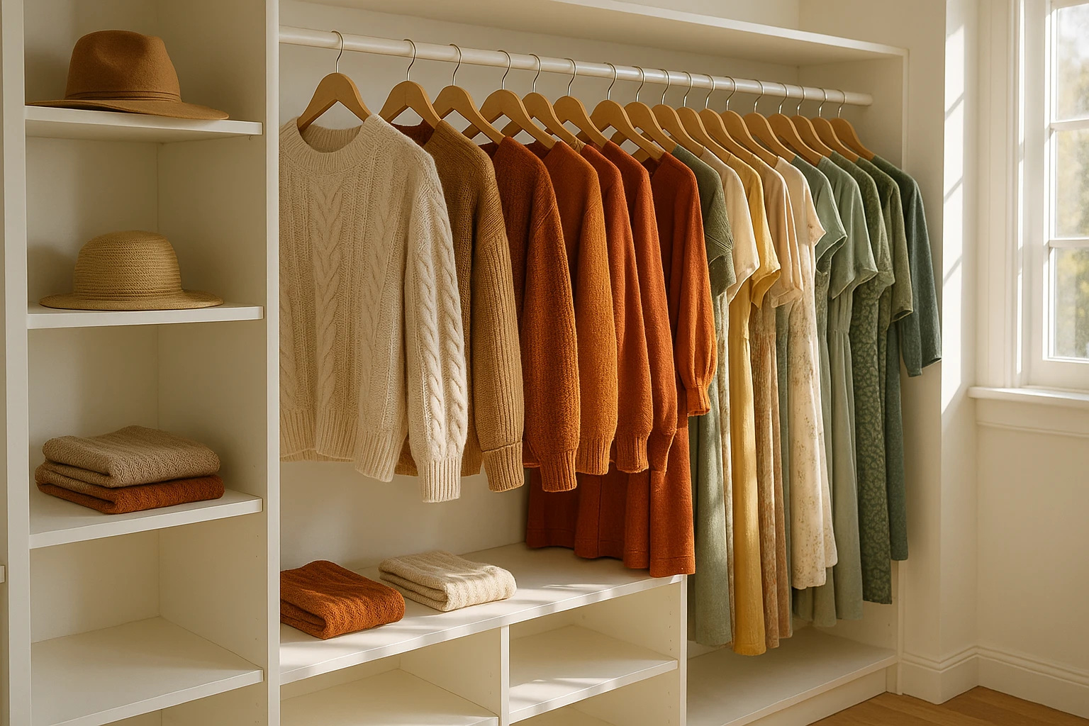 A bright and organized walk-in closet showcasing a variety of meticulously arranged clothing, featuring seasonal colors and textures; sunlight streaming in from a window highlights a selection of cozy sweaters and lightweight dresses hanging neatly, while a few stylish accessories like hats and scarves are thoughtfully placed on shelves.