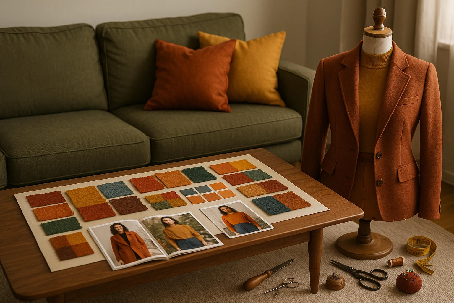 A cozy living room with a vibrant mood board on a coffee table, featuring fabric swatches, seasonal color palettes, and fashion magazines; nearby, a tailor's mannequin displays a half-finished outfit with autumnal tones, surrounded by scattered sewing tools and accessories.
