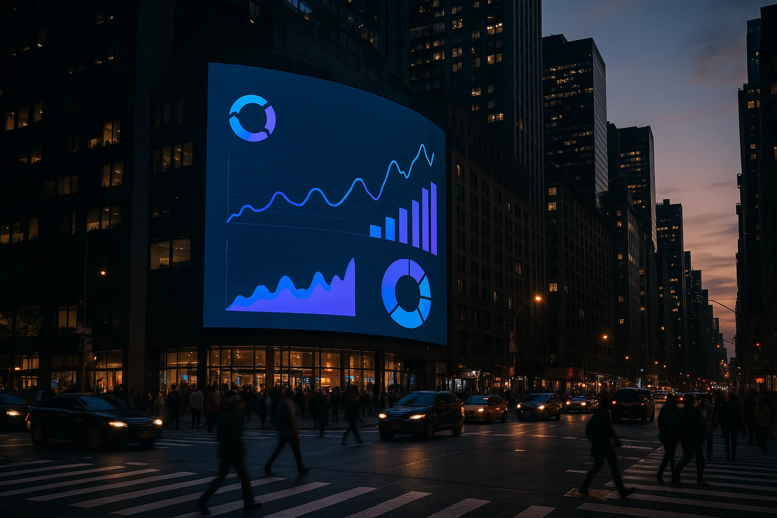 A cityscape at dusk with a prominent digital billboard displaying the Omniconvert logo and vibrant data visuals, surrounded by bustling streets filled with pedestrians and vehicles.