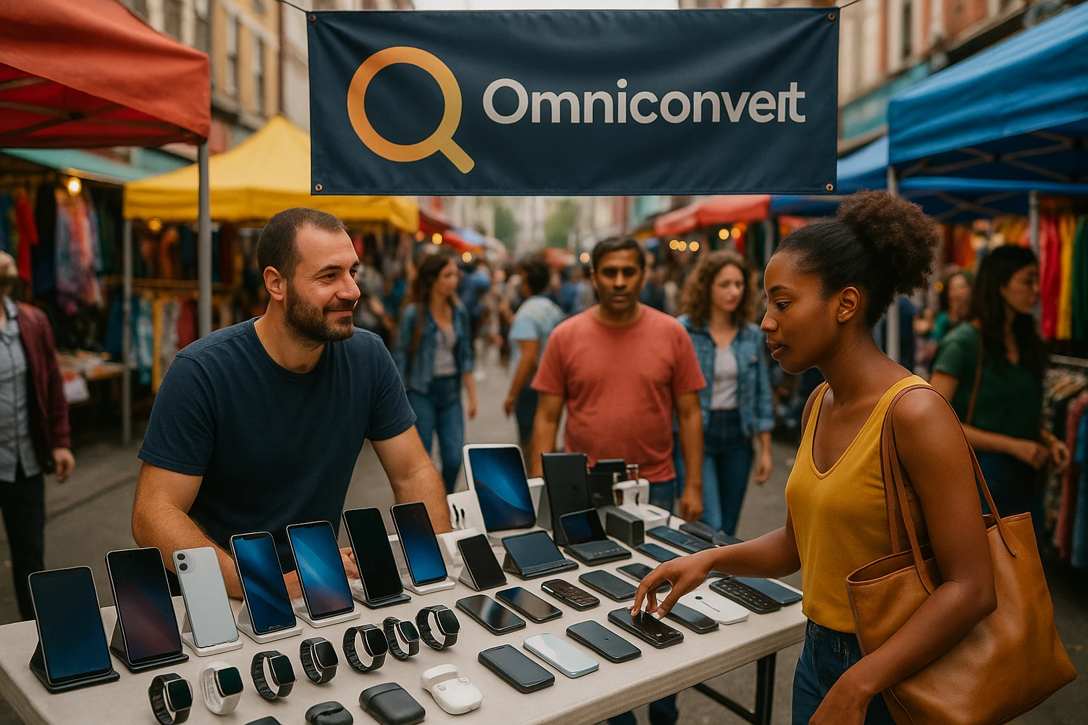 A vibrant street market scene where a vendor displays smart devices and tech gadgets, with a large Omniconvert Explore banner hanging above, attracting diverse shoppers amidst colorful stalls.