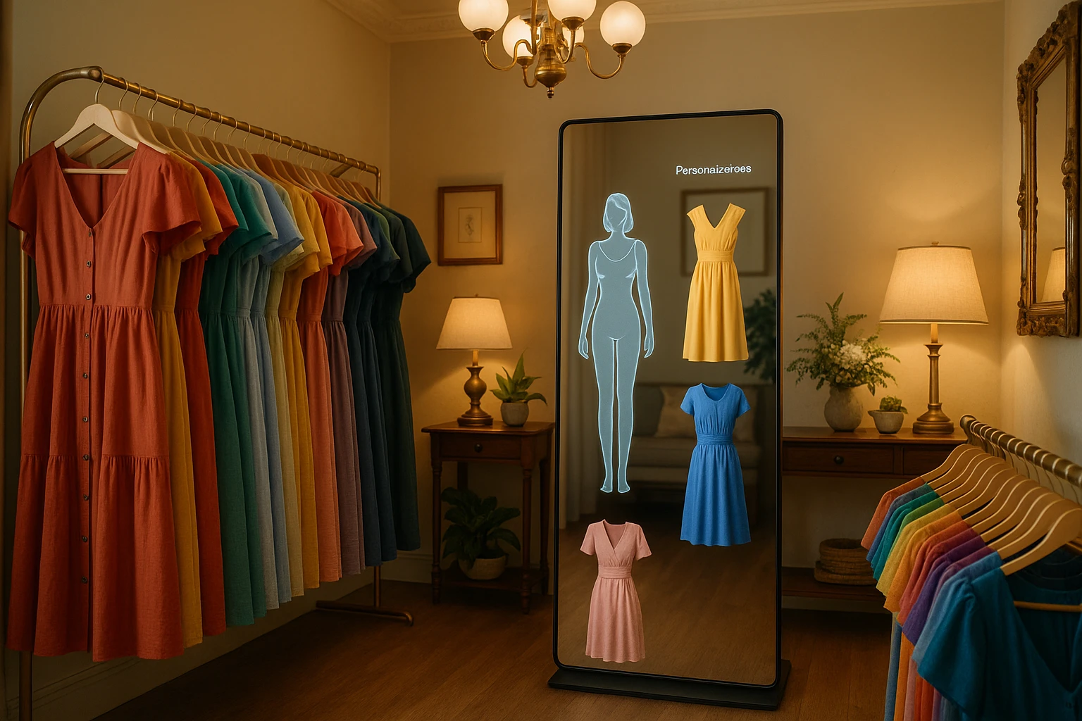A cozy boutique with colorful dresses on racks, a stylish AI-powered mirror displaying personalized recommendations based on scanned body measurements, surrounded by elegant decor and soft lighting.