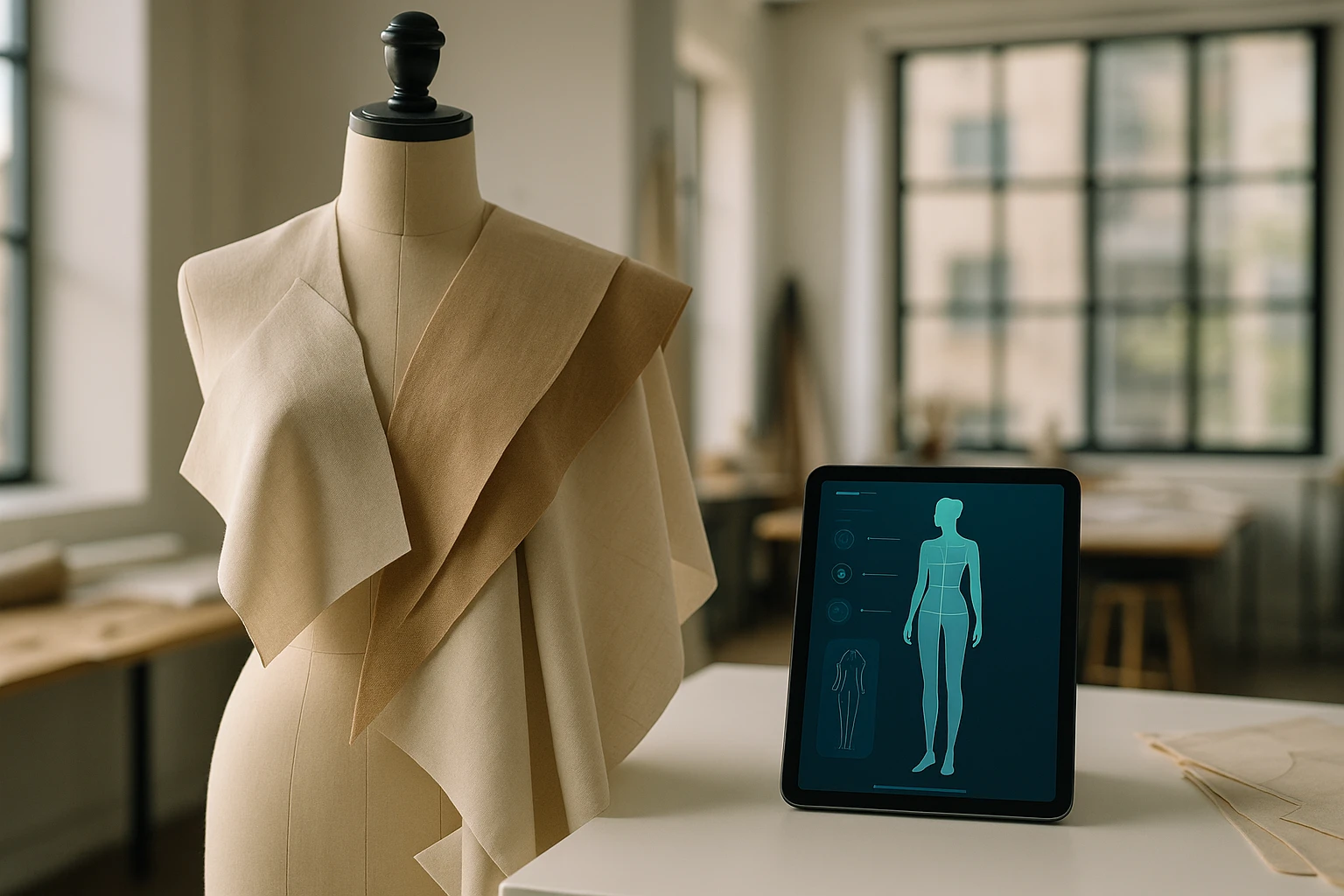 A mannequin in a chic fashion studio draped with fabric patterns, flanked by a tablet displaying an AI-driven fashion app interface analyzing body measurements, with soft natural light filtering through large windows.