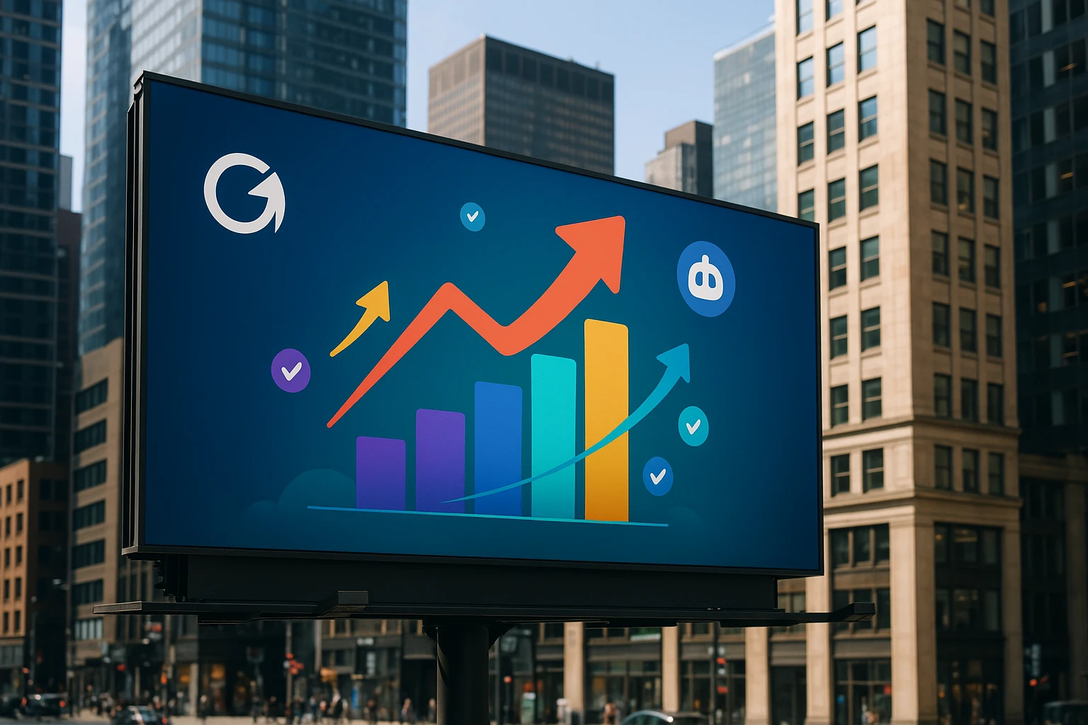 A billboard in a bustling city displaying the logos of Omniconvert and Everconvert.ai, with vibrant graphics illustrating rising graphs and arrows symbolizing conversion growth.