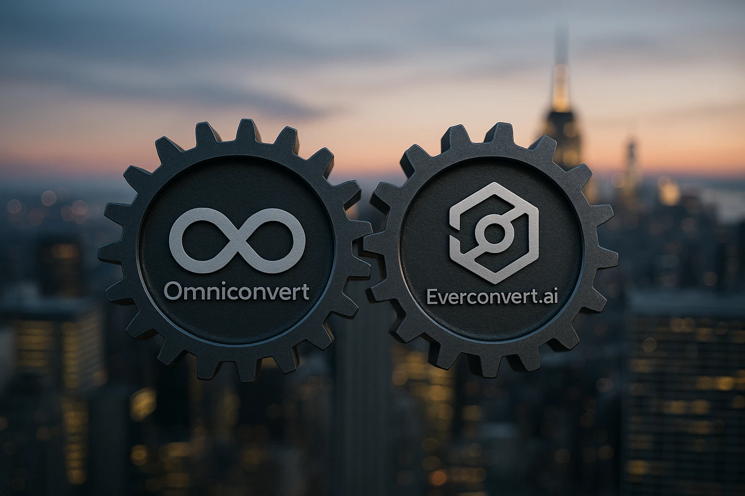 Two gears intertwined, each featuring the logos of Omniconvert and Everconvert.ai, set against a backdrop of a bustling city skyline at dusk, representing collaboration and technological synergy.
