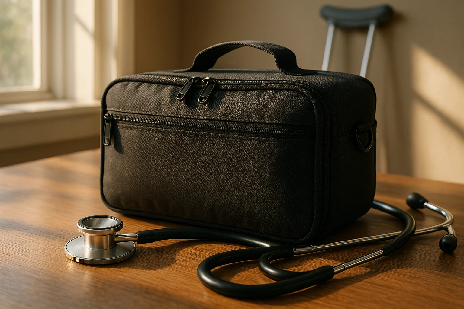 A close-up of a medical kit placed on a wooden table, sunlight streaming through a nearby window, casting shadows on a visible stethoscope and a pair of crutches leaning against the wall in the background.