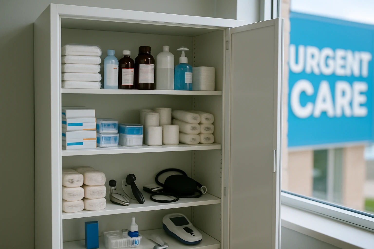 A half-opened medical supply cabinet in a brightly lit clinic room, revealing neatly organized shelves with bandages, antiseptics, and diagnostic tools, with a bright blue urgent care sign partially visible through the window.