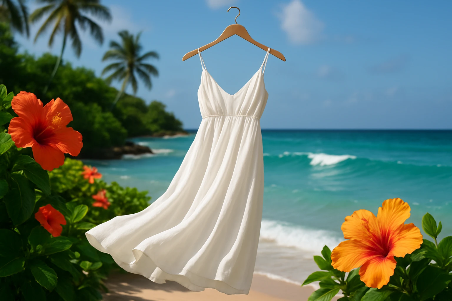 A vibrant tropical setting featuring a flowing white dress elegantly draped over a wooden hanger, swaying gently in the ocean breeze, with colorful hibiscus flowers and turquoise waves in the background.