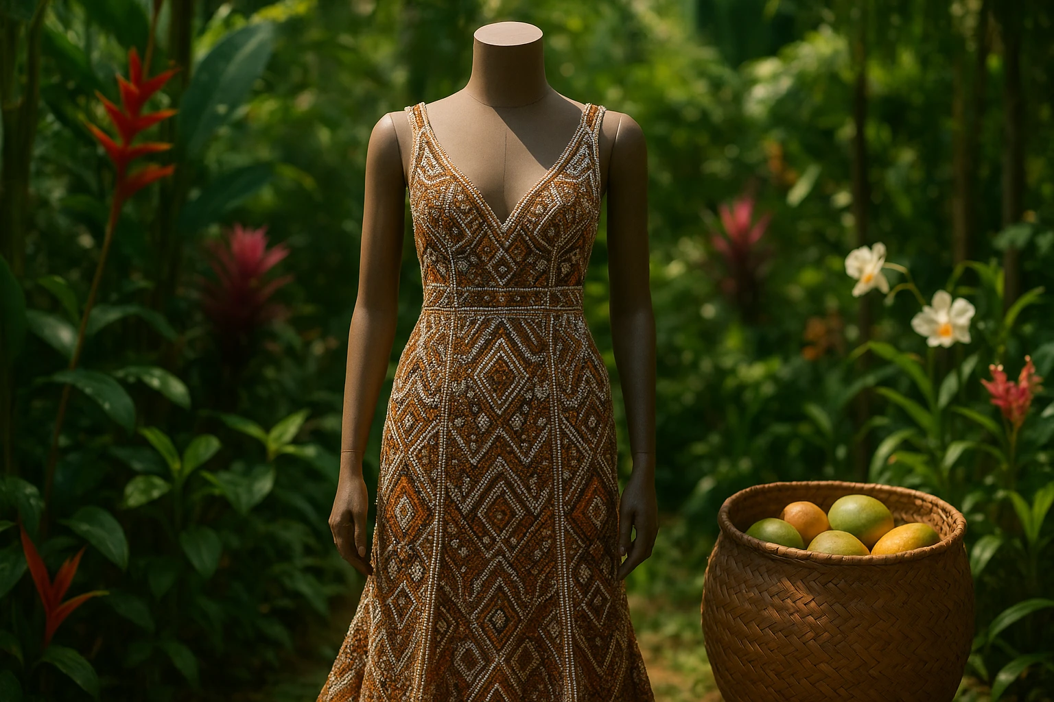 A sunlit garden scene featuring a mannequin dressed in a stunning gown adorned with intricate beadwork inspired by local tribal patterns, surrounded by lush greenery and exotic blooms, with a traditional woven basket filled with native fruits by its side.
