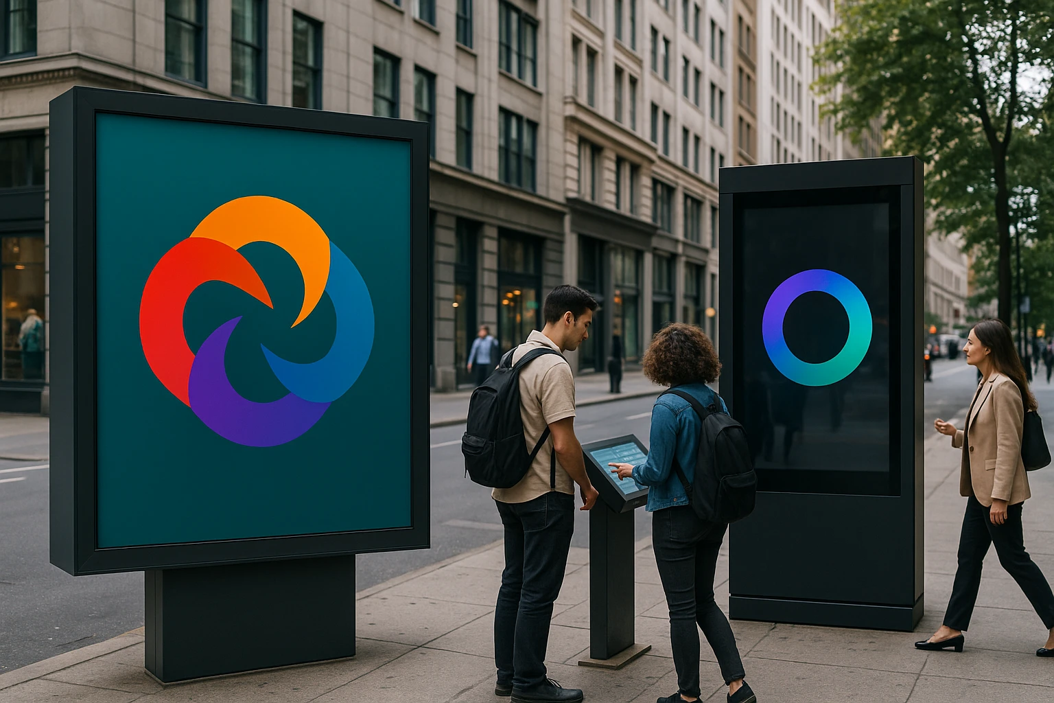 A modern urban street scene featuring a prominent billboard showcasing Omniconvert's logo with vibrant colors, contrasted by a sleek digital kiosk nearby displaying Everconvert.ai's branding, surrounded by passerby engaging with interactive displays.