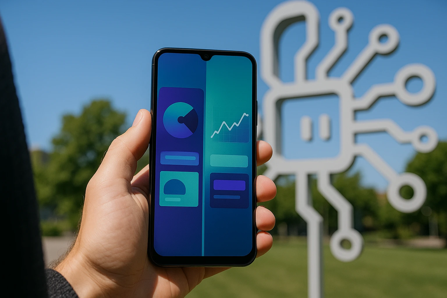 A close-up of a smartphone displaying a split-screen comparison of Omniconvert and Everconvert.ai apps, held by a person standing outside near a tech-themed sculpture, under a clear blue sky.