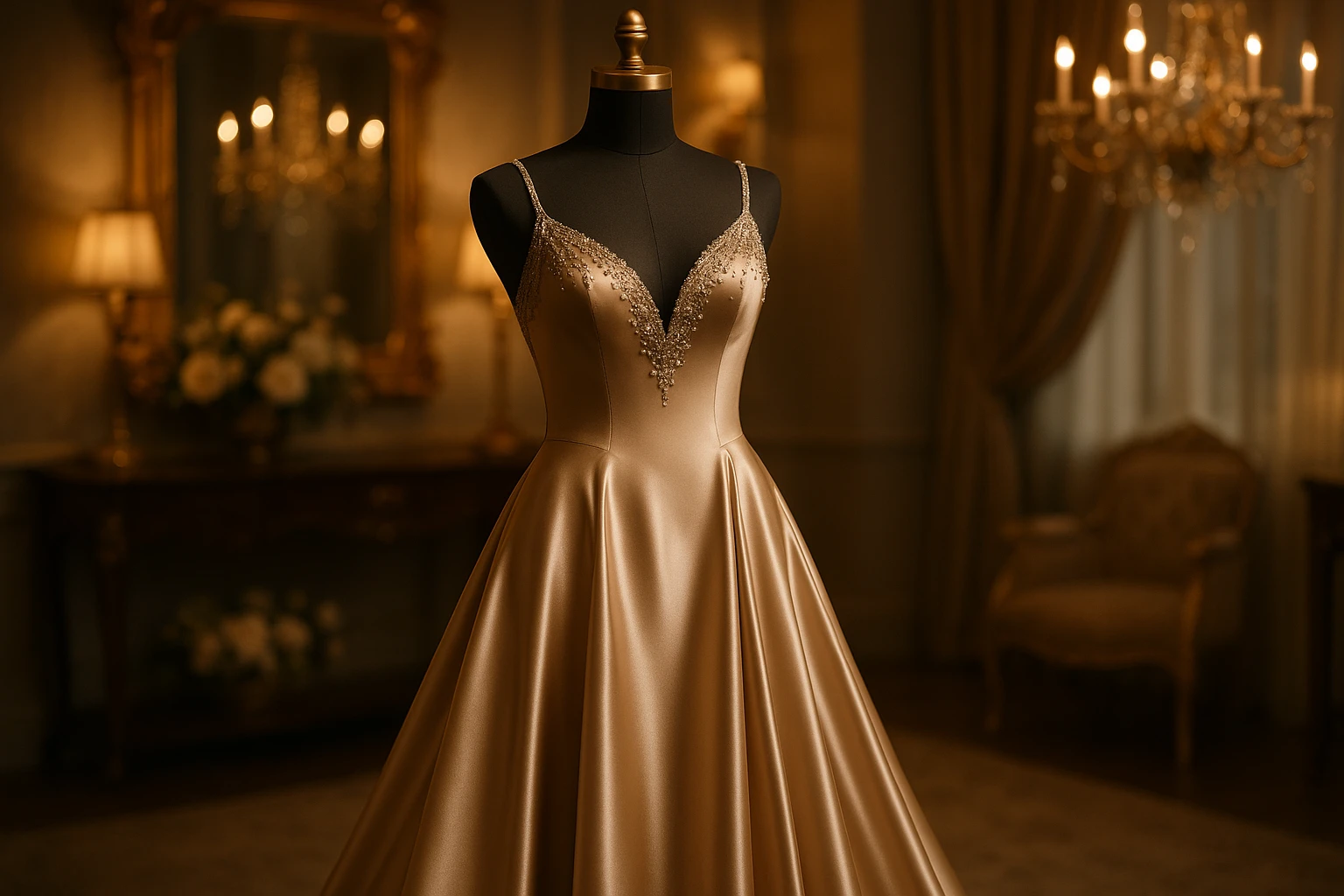 A luxurious satin evening gown displayed elegantly on a mannequin in a chic boutique setting, with intricate beading catching the light, surrounded by lavish decor and soft lighting that highlights the fabric's richness.