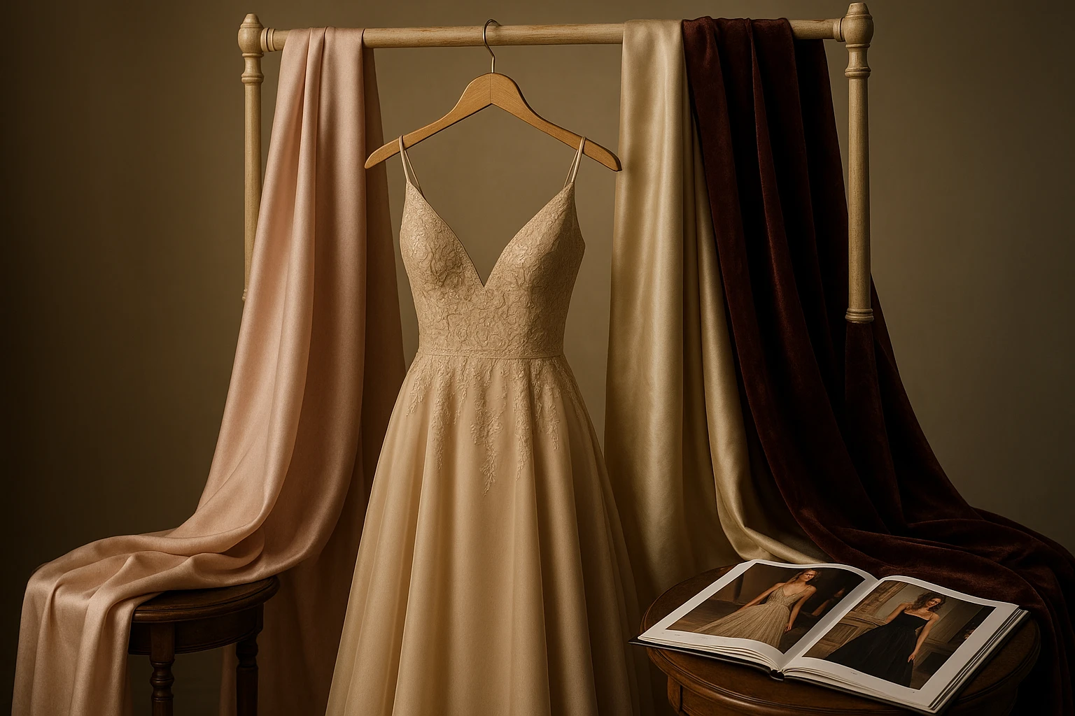 A beautifully crafted, elegant evening dress hangs on a delicate, vintage-style wooden clothing rack, surrounded by swatches of luxurious fabrics like silk and velvet, with a detailed fashion magazine open on a nearby small table, showcasing glamorous styles and designer logos.