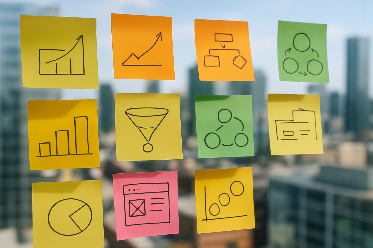 A close-up of various colorful sticky notes on a clear glass wall displaying brainstorming ideas and sketch diagrams for conversion strategies, with a cityscape visible in the background.