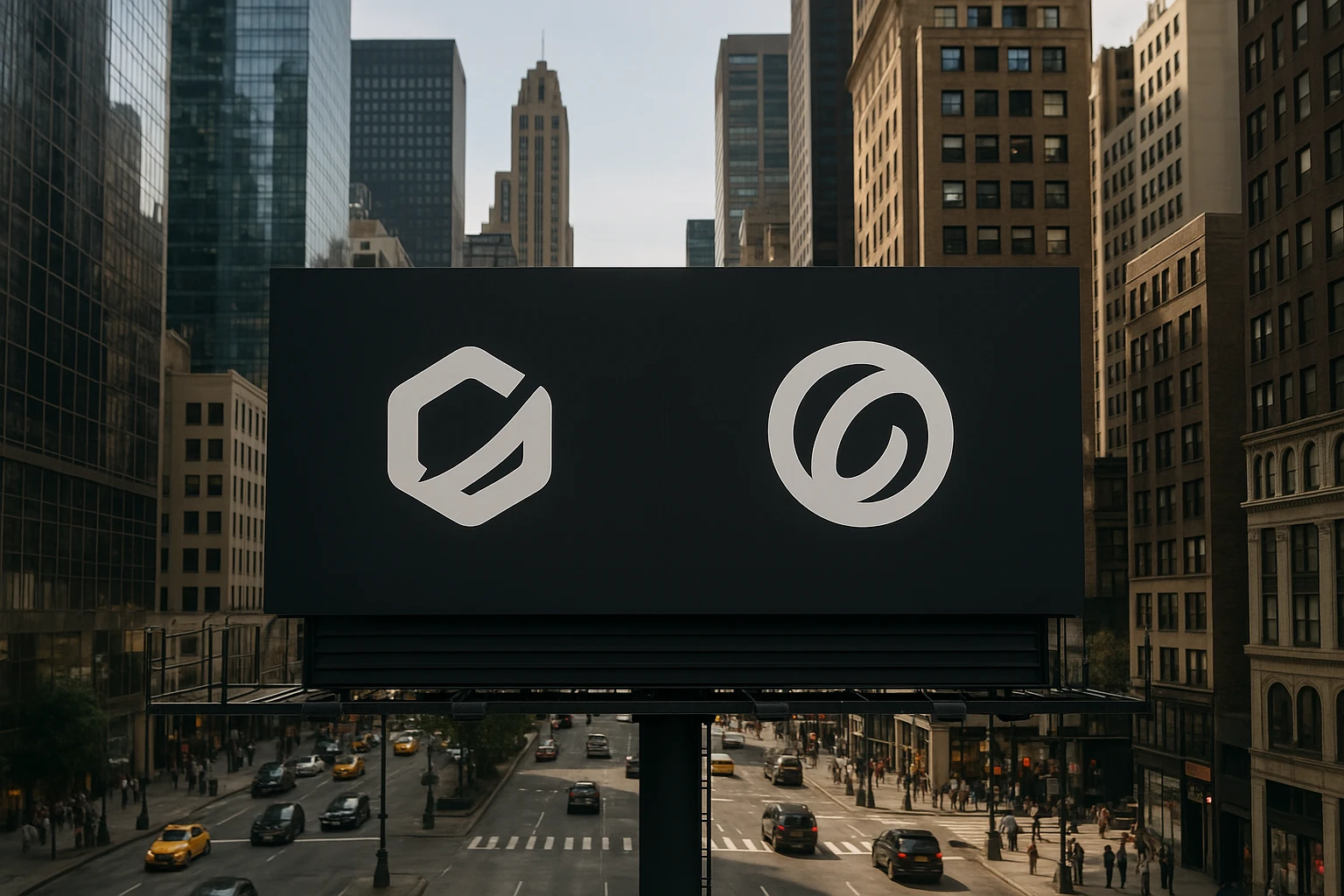 A cityscape billboard showcasing logos of Omniconvert Explore and Optimizely against a bustling urban backdrop, highlighting the competitive nature of digital marketing tools.