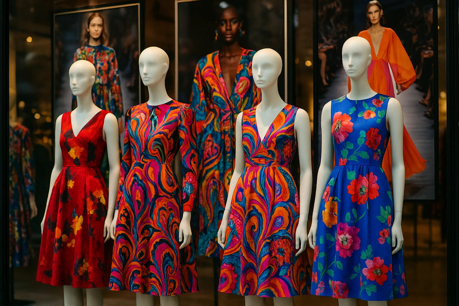 A vibrant storefront display showcasing a variety of designer dresses inspired by fashion week trends, with mannequins dressed in bold, colorful garments adorned with intricate patterns, set against a background of large posters highlighting iconic runway moments.