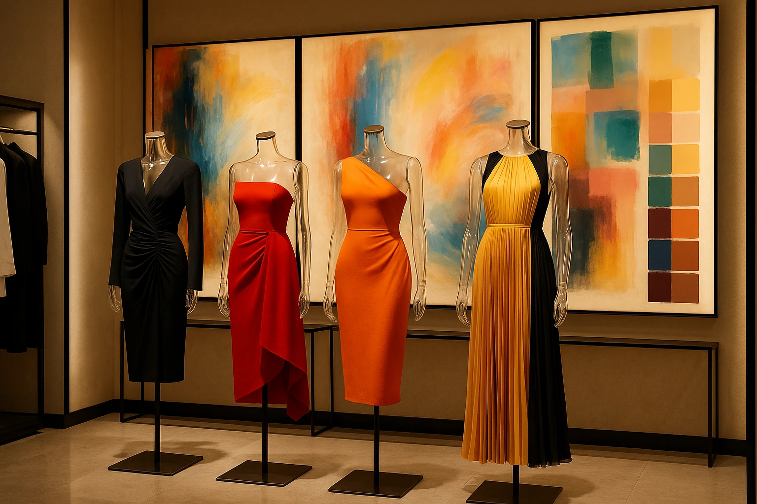 A chic boutique interior featuring a series of designer dresses inspired by fashion week trends, elegantly displayed on sleek glass mannequins, framed by an illuminated backdrop showcasing abstract art and color palettes from recent runway shows.