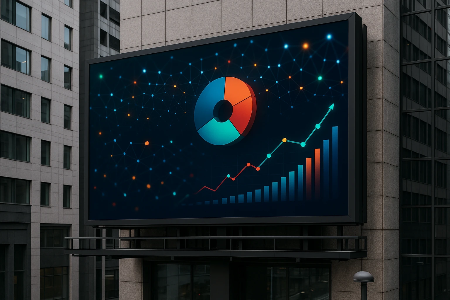 In a modern, urban setting, a large billboard displays an advertisement for Omniconvert, featuring vivid graphics of interconnected data points and vibrant charts illustrating conversion metrics.