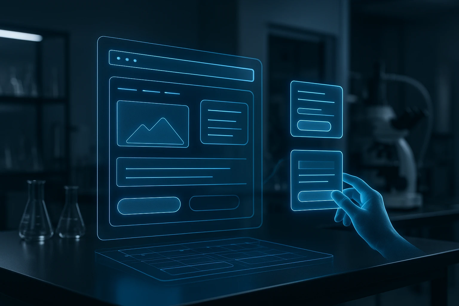 A sleek, futuristic laboratory setting showcases a holographic display of Omniconvert's user interface, with floating 3D models of web elements like headlines and buttons being adjusted and analyzed in mid-air.