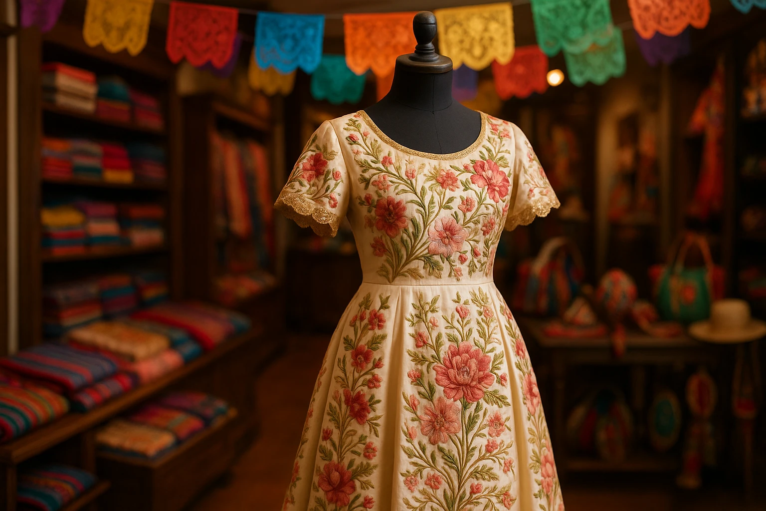 A beautifully embroidered silk dress draped on a mannequin in an elegant boutique, surrounded by colorful textiles and traditional accessories, with a festive banner overhead celebrating a cultural event.