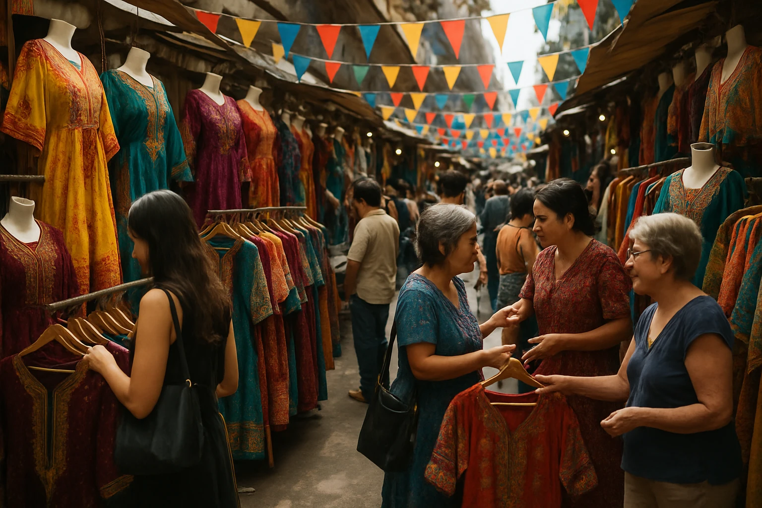 A vibrant street market scene filled with stalls showcasing traditional cultural dresses in various fabrics and patterns, with shoppers browsing and engaging with vendors under colorful pennant flags strung across the pathway.